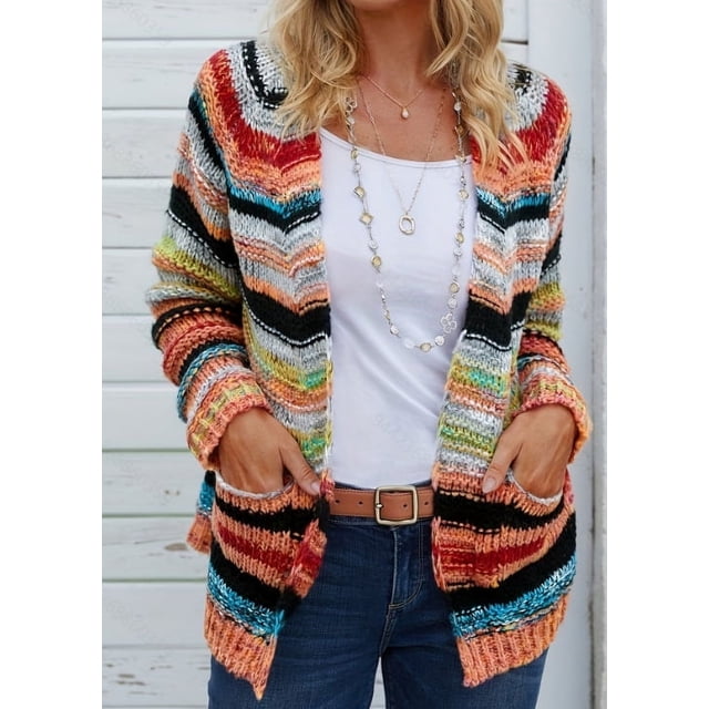 Cardigan au Crochet à Rayures Multicolores pour Femmes, Col Rond, Chandail Découpé, Ouvert à l'Avant, Manteau Décontracté-ZJKDGJKJ