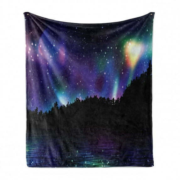 Aurora Forest Soft Flannel Fleece Throw Blanket, Illustration with Aurora Borealis in the Sky over Night Woodland, Cozy Plush for Indoor and Outdoor Use, 50" x 70", Multicolor, by Ambesonne