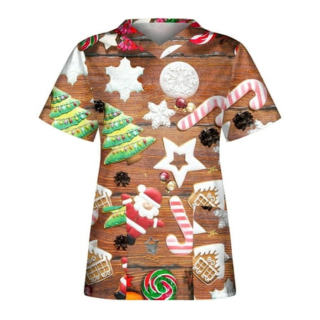 

Chriatmas Scrubs Shirts for Women Casual V Neck Short Sleeve Nursing Uniform Chriatmas Snow Print Comfy Scrub Tops