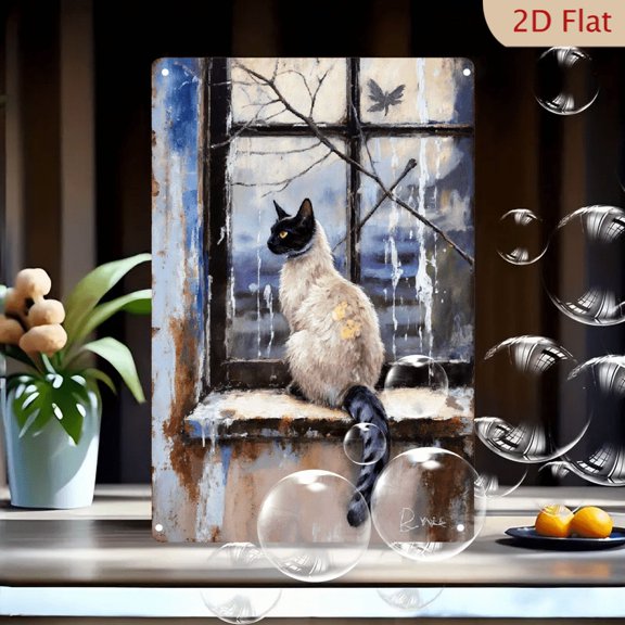 R. Mace Cat on Window Sill 8x12 inch Metal Wall Art, Impressionist Siamese Cat Looking Out with Butterfly, Rustic Weathered Frame Home Decor