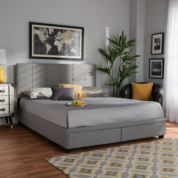 Baxton Studio Netti Light Grey Fabric, Baxton Studio Templemore Upholstered Queen Platform Bed With Storage In Black