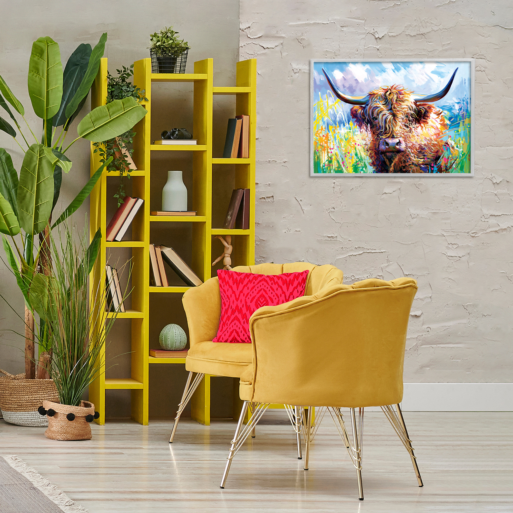 Stupell Industries Long Haired Highland Cattle Animals & Insects Painting Gray Framed Art Print Wall Art, 24 x 16