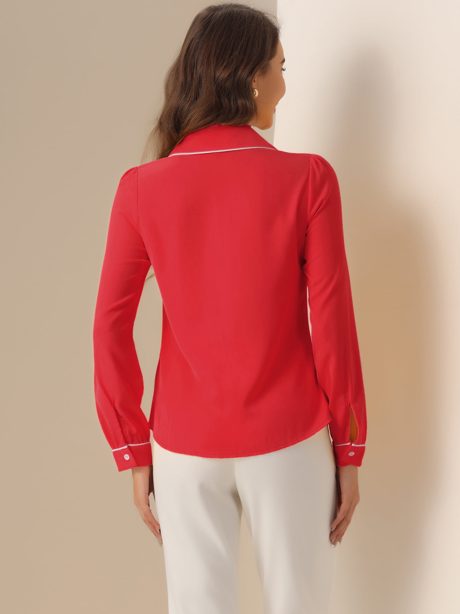 DARING DIVA Women's Collar Shirt Long Sleeve Elegant Button Down Blouse L Red
