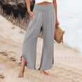 thumbnail image 2 of Domzle Womens Linen Pants Summer 2026 Wide Leg Pants Smocked Waist Ruffle Palazzo Pant Boho Flowy Beach Pant with Pockets Light Gray 3XL Sweatpants, 2 of 7