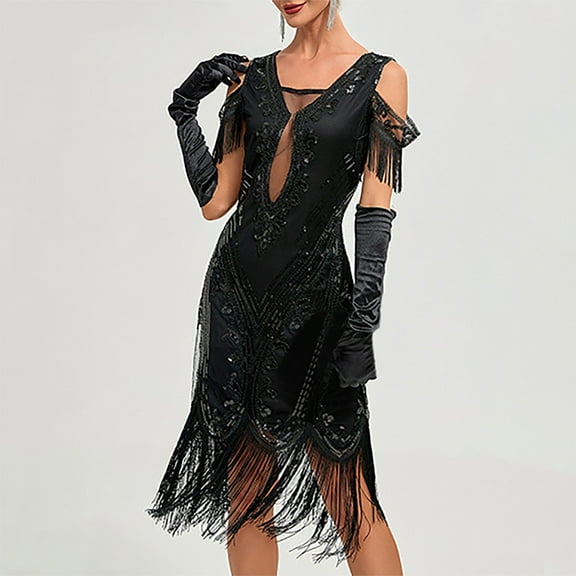 Njagoc3 Womens Short Sleeve Square Neck Fringe Dress, Roaring 20s Gatsby & Speakeasy Costume