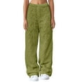 thumbnail image 3 of Women's Plush High Waist Warm Casual Trousers, Fleece Lined Winter Pants with Pockets, Wide Leg Loose Fit Thermal Lounge Pants for Casual Wear, Outdoor Activities, and Cold Weather Protection Green, 3 of 7