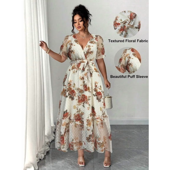 Multicolor Floral V-Neck Puff Sleeve Wrap Dress With Tie Waist And Polka Dot Overlay