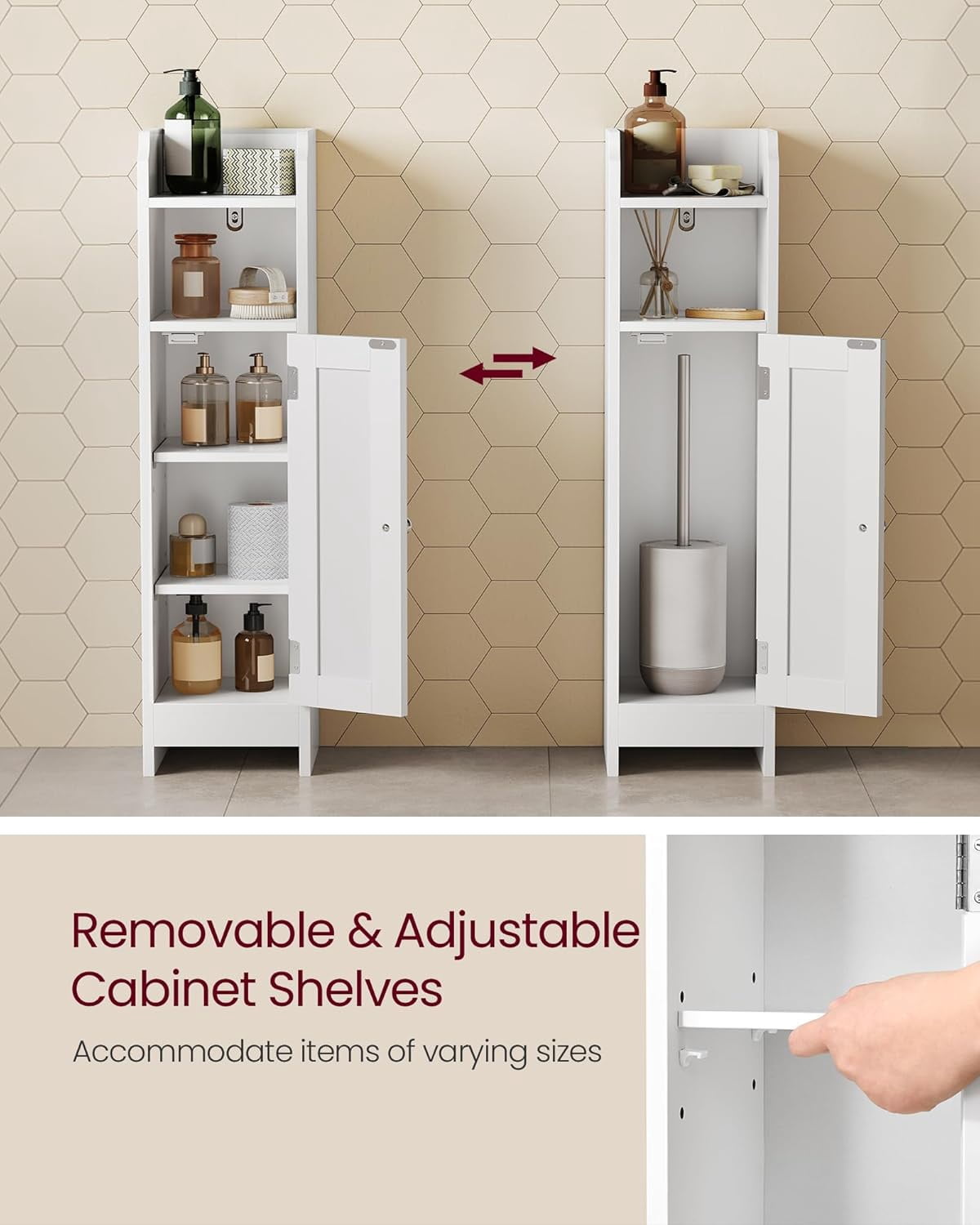 Nordic Hygge Slim Bathroom Storage Cabinet with Door and Adjustable Shelves, 31.5-Inch Height, Cloud White