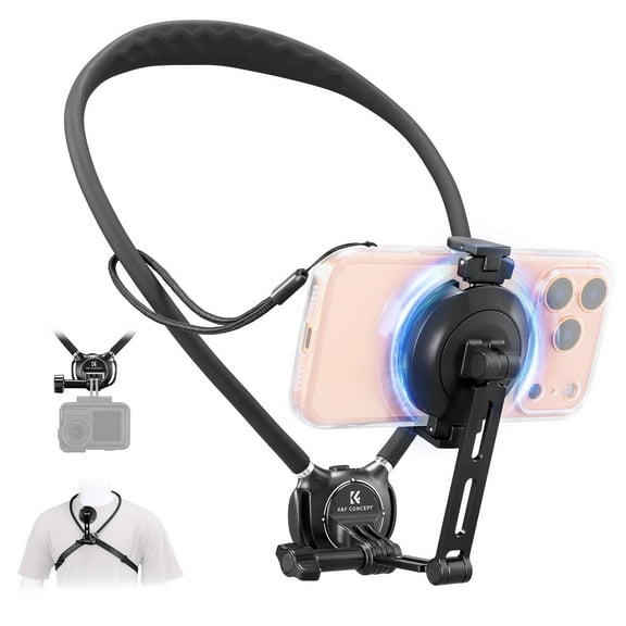 K&F CONCEPT Neck Phone Holder, 2-in-1 Magnetic & Clip-on Phone Neck Holder, POV Phone Holder, Hand Free Chest Stand Compatible with iPhone 17-12 Seires Android Phones
