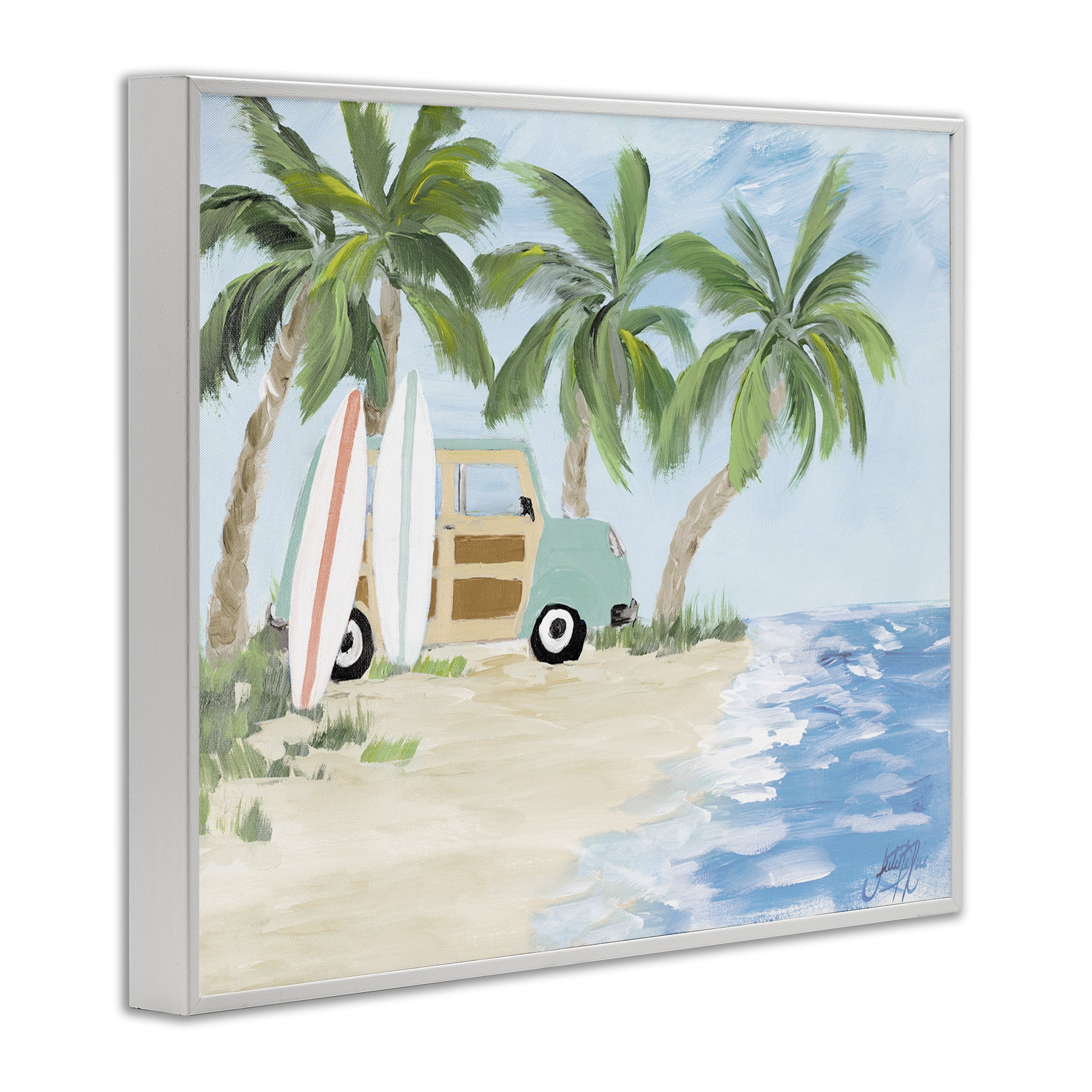 Stupell Industries Tropical Vacation Surfboards Landscape Painting White Framed Art Print Wall Art, 14 x 11