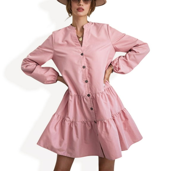 Women's Long Sleeve Button-Down Tiered Mini Dress with Stand Collar - Small, Pink