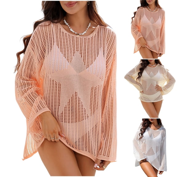 jobturf Swim Suit Coverup for Women Trendy Hollow Out Long Sleeve Beach Tops Bathing Suit Crochet Cover Up Vacation Summer Mini Dress S-XL