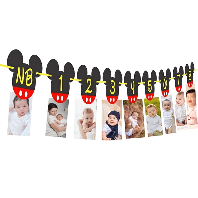 Banner fotográfico de Mickey Mouse para el primer cumpleaños de recién nacido a 12 meses