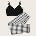 thumbnail image 3 of Summer 2 Pieces Outfits for Women Casual V Neck Spaghetti Straps Crop Camis and Plaid Drawstring Pants Tracksuits, 3 of 8