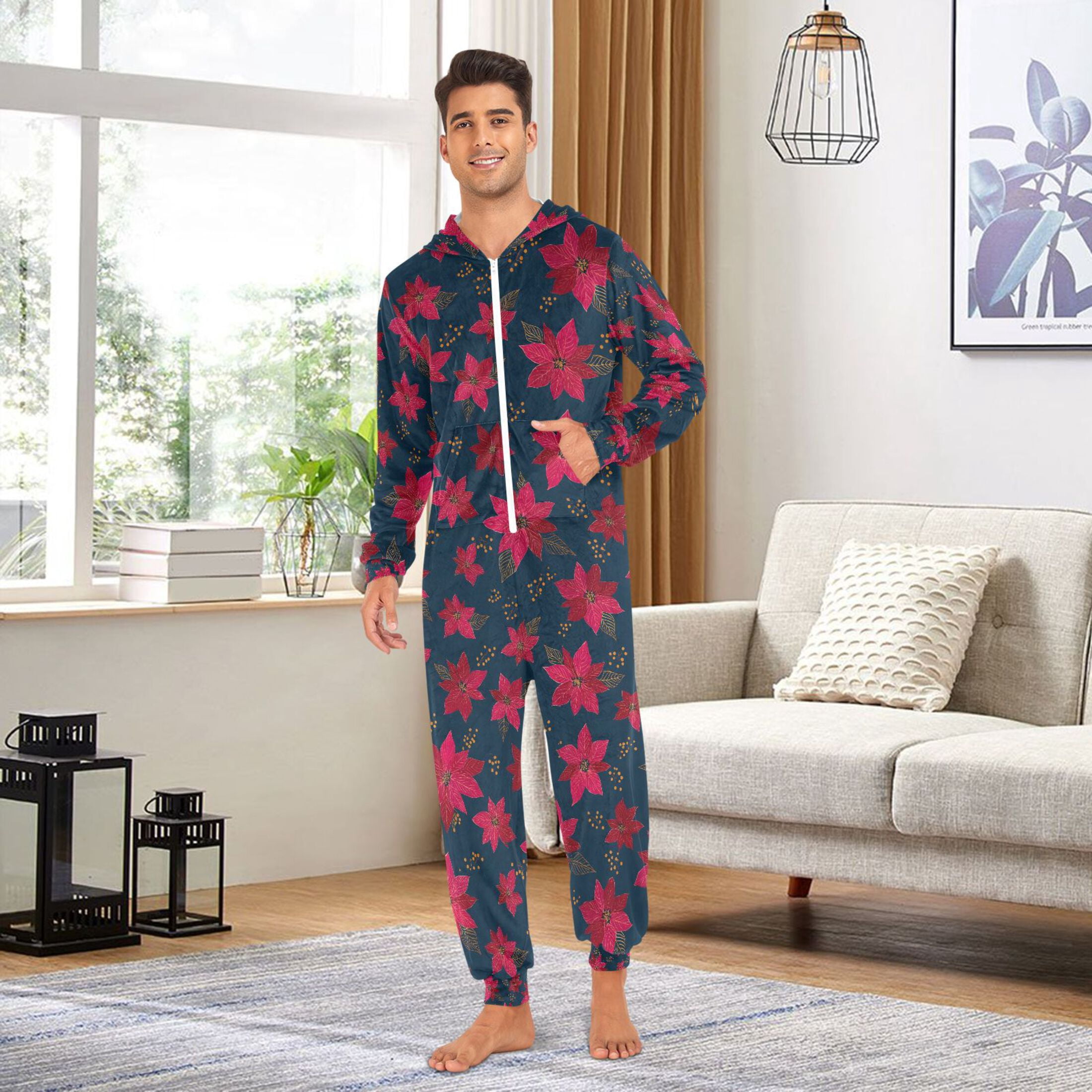 Adult Christmas Onesie Red Flower Adult Zipper One-Piece Pajamas Unisex Pajamas with Pockets