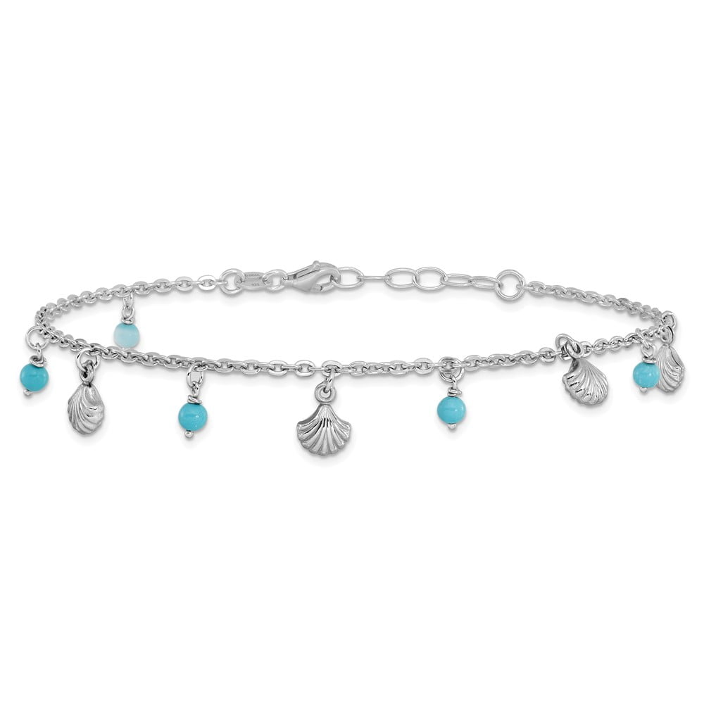 Sterling Silver Anklet Turquoise 9 inch 2 mm Rhodium-plated Adj. 9-10