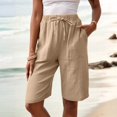 thumbnail image 6 of HKYNLAG Bermuda Shorts for Women Summer Half Shorts Pants Drawstring Elastic Waist Solid Color Cotton Linen Wide Leg Pants with Pockets Khaki XL, 6 of 8