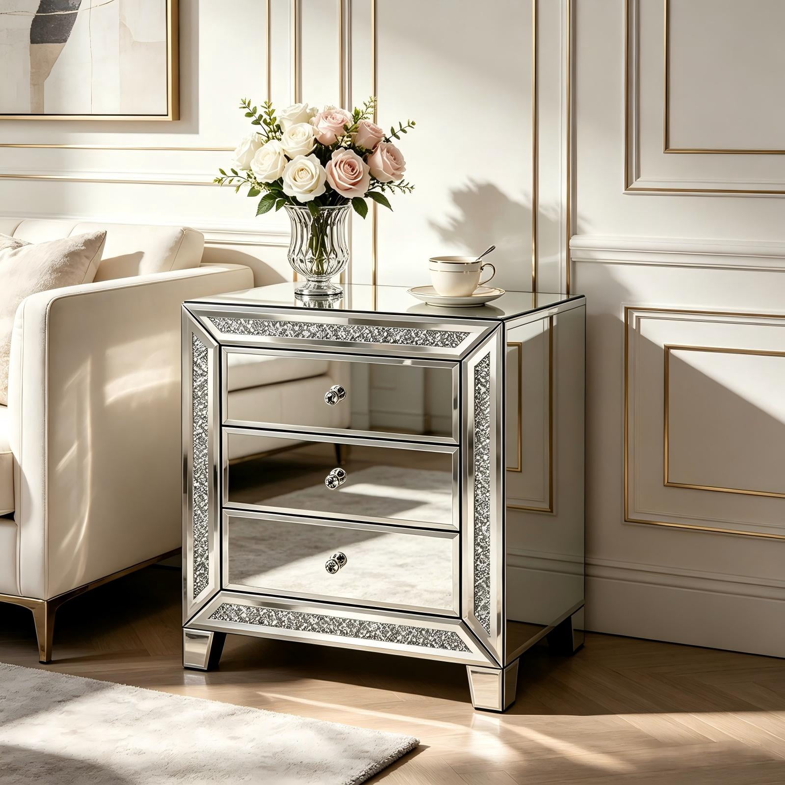 3-Drawer Mirrored Nightstand with Diamond Accents, MDF Bedside Table and Storage Cabinet, for Bedroom, Sofa Side, Entryway