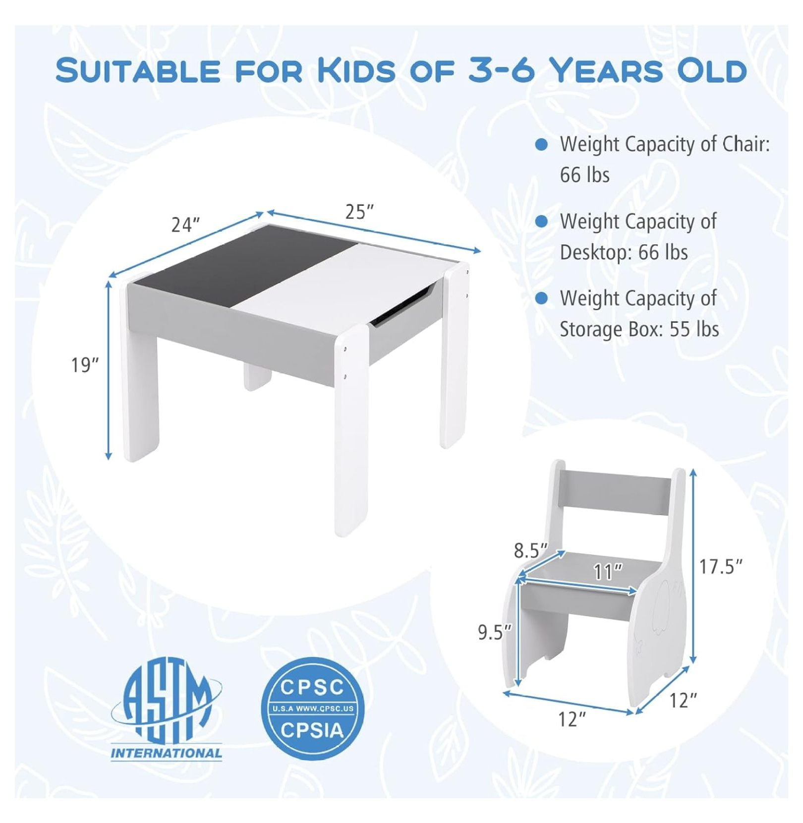 Kids Table and Chair Set, 4-in-1 Wooden Activity Table with 2 Chairs, Reversible Blackboard, Toddler Furniture for Art, Storage, Ages 3-6