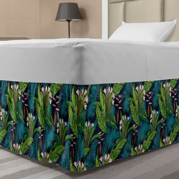 Leaf Bed Skirt, Tropical Jungle Palm Tree Banana Leaves Frangipani Heliconia on a Dark Blue Background, Elastic Bedskirt Dust Ruffle Wrap Around for Bedding Decor, 4 Sizes, Multicolor, by Ambesonne