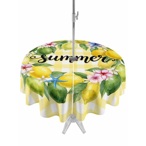 Outdoor Tablecloth with Umbrella Hole for Patio/Picnic/Party/Camping, Summer Fruits Waterproof Table Cloth Round Cover Washable, Watercolor Lemon Leaves Wreath Yellow Plaid (Dia 60")