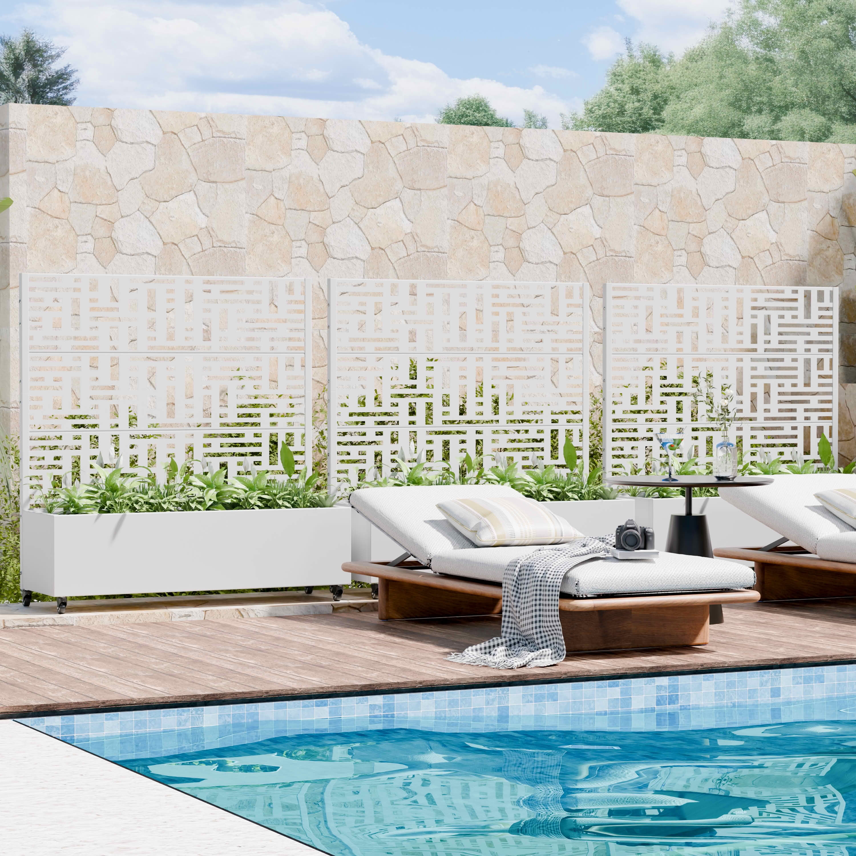 MAYEERTY 47X47" Metal Outdoor White Privacy Screen with Planter Box for Backyard & Garden, 3 Piece Set
