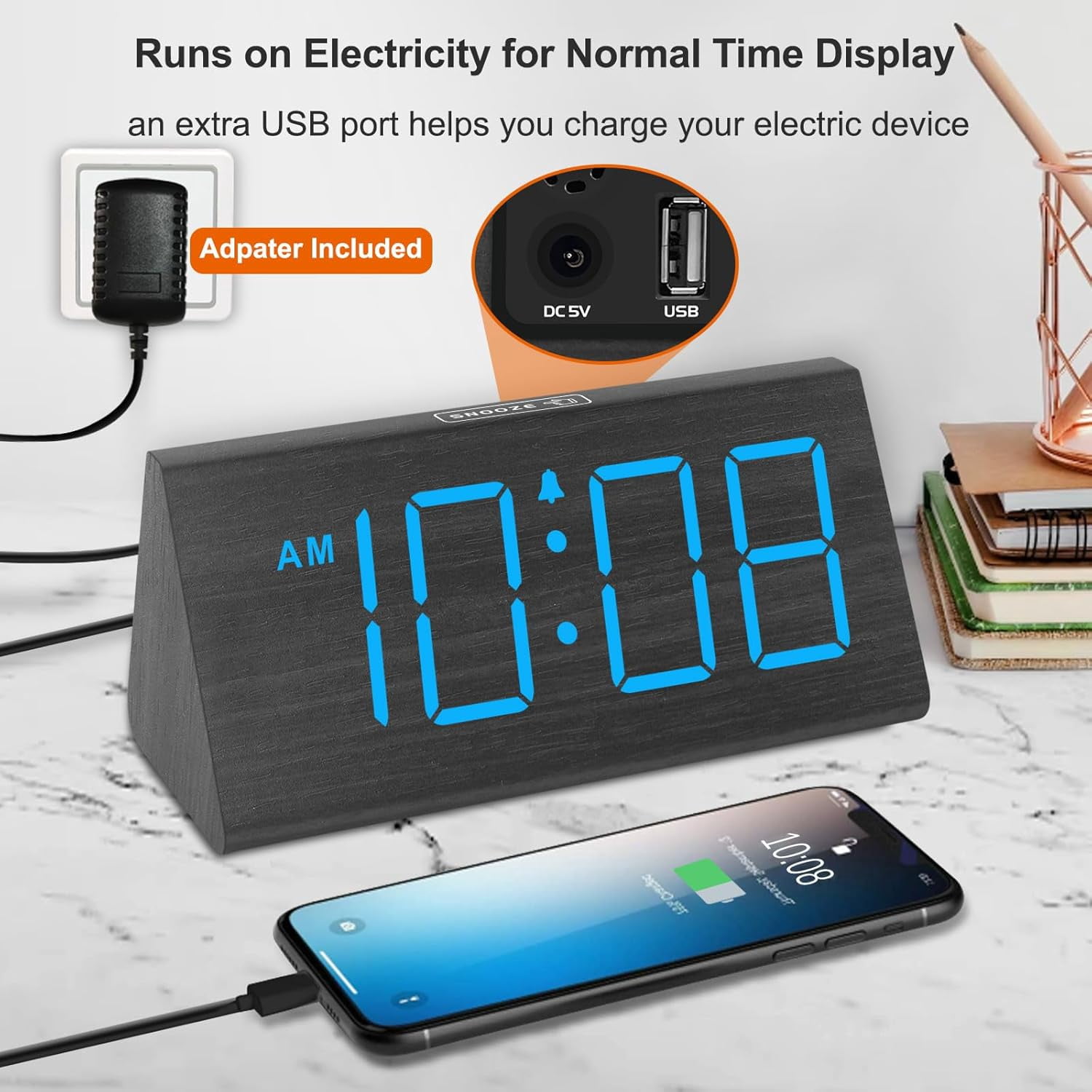 DreamSky Wooden Digital Alarm Clocks for Bedrooms - Electric Desk Clock with Large Numbers, USB Port, Loud Alarm for Heavy Sleepers, Adjustable Volume, Dimmer, DST, Wood Décor Gifts, Adapter Powered