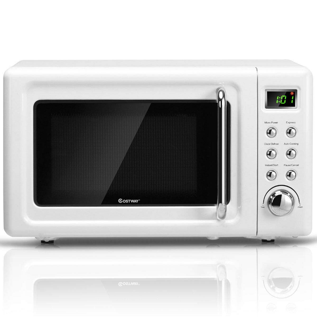 0.7Cu.ft 5 Micro Power COSTWAY Retro Countertop Microwave Oven with Glass Turntable & Viewing Window Delayed Start Function Child Lock LED Display 700-Watt White Cold Rolled Steel Plate