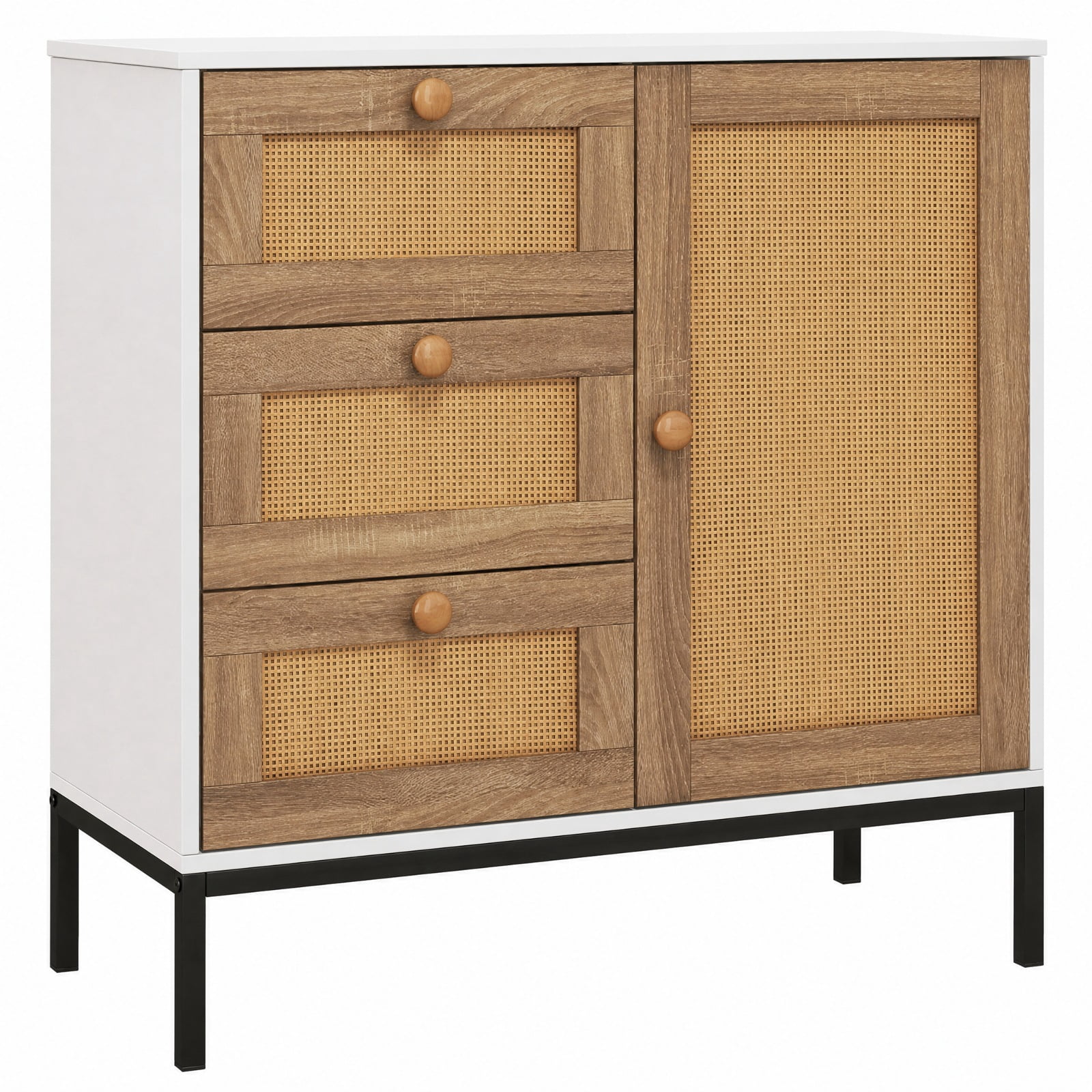 Furnibear Rattan Sideboard Buffet Cabinet with 1 Door and 3 Drawers for Kitchen Dining Living Room Buffet Storage Server, White