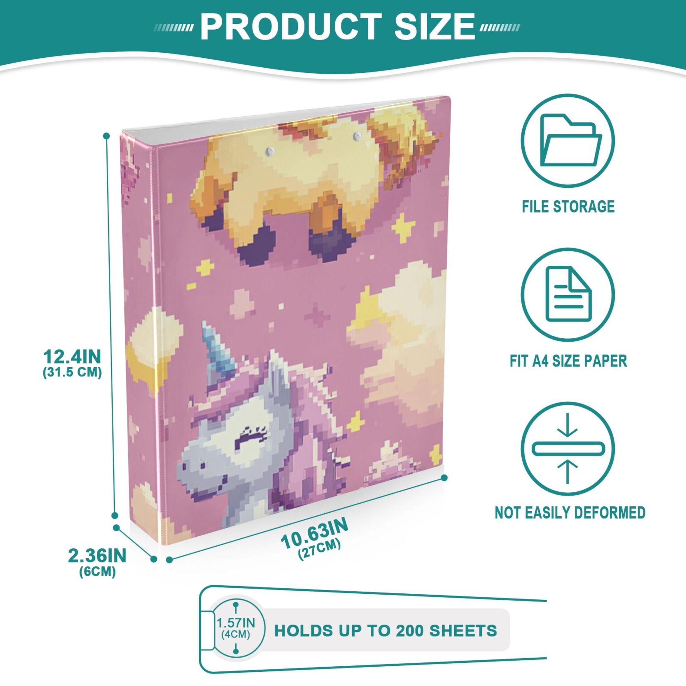 Pixel Cute Unicorns 3 Ring Binders 1.5 inch Hardcover File Folders with Interior Pockets A4 Size Organizer for School Office Hospital