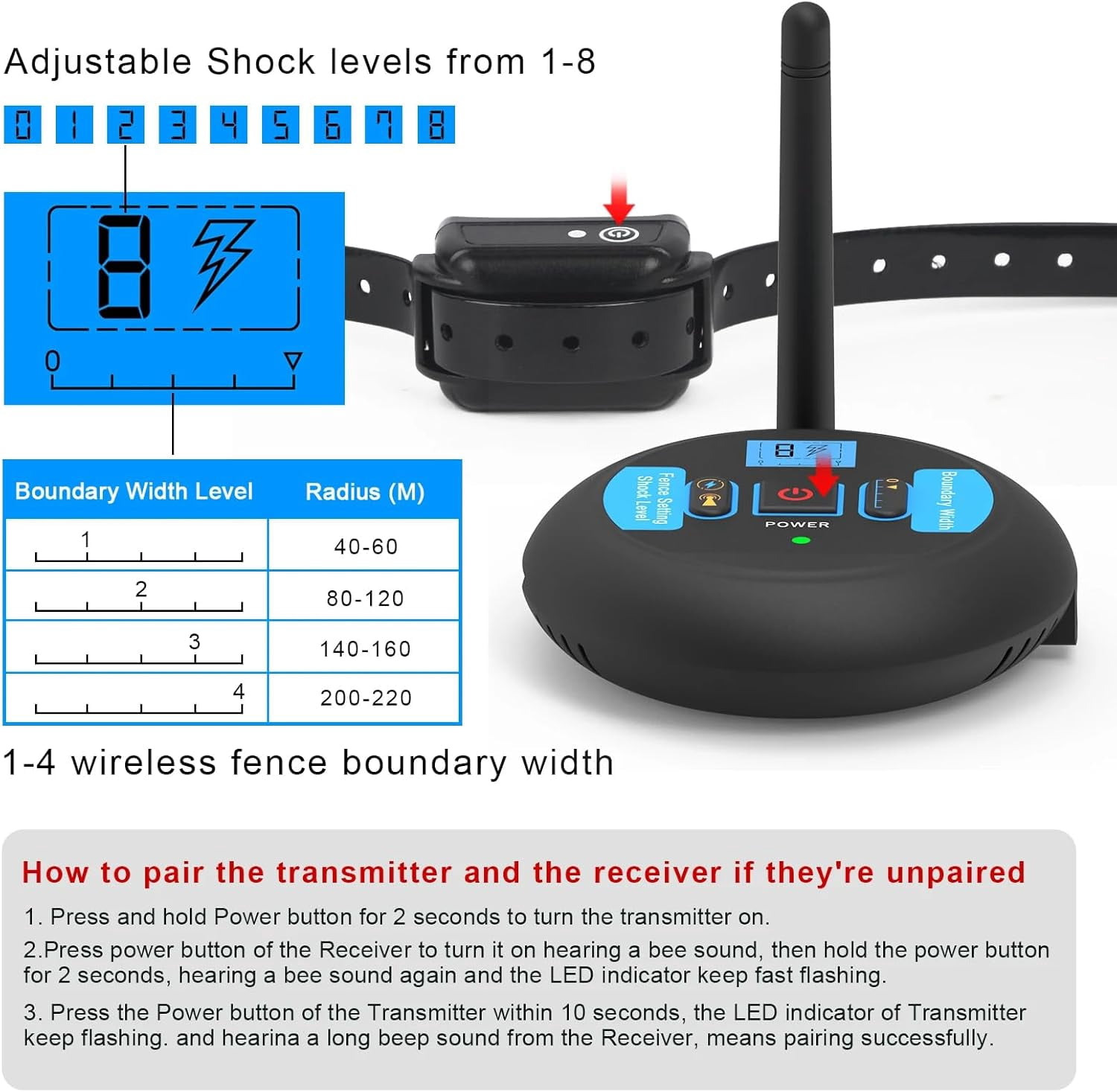Wireless Dog Fence System with Vibration & Shock Modes - Waterproof Rechargeable Collar, Safe Boundary Control for Stubborn Dogs, No Random Over-Correction, Indoor/Outdoor Pet Containment