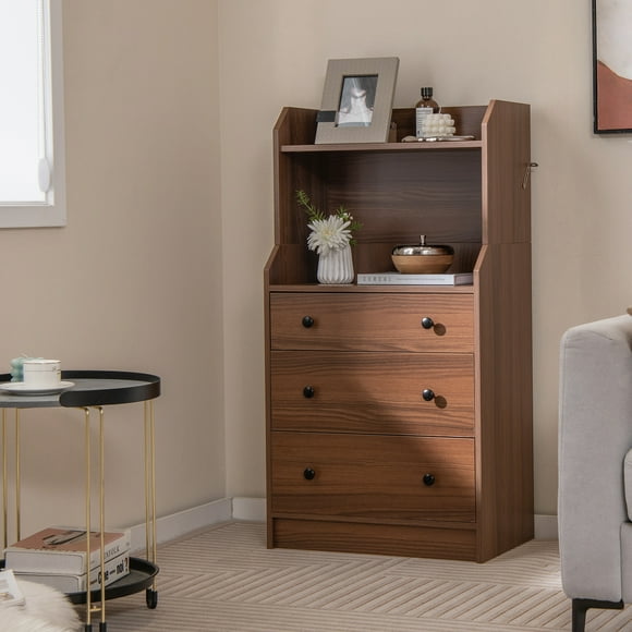 Giantex Commode à 3 Tiroirs pour Chambre à Coucher, Commode de Rangement avec Dispositif Anti-Basculement, Table de Nuit Haute, Noyer