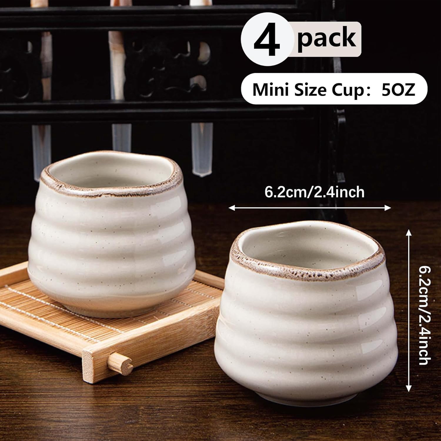 4pcs Japanese Tea Cup Set – Mini Size 5OZ Ceramic Matcha Cup, Handless Espresso Cups, Cute Small Porcelain Coffee Mugs for Lovers, Dishwasher & Microwave Safe(Retro Grey)