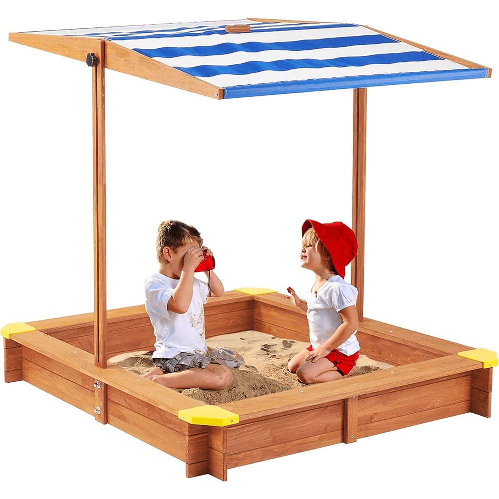 Kids Sandbox with Cover, 46" Wooden Sand Box w/Adjustable Canopy, Large Outdoor Cedar Sandpit for Backyard Play