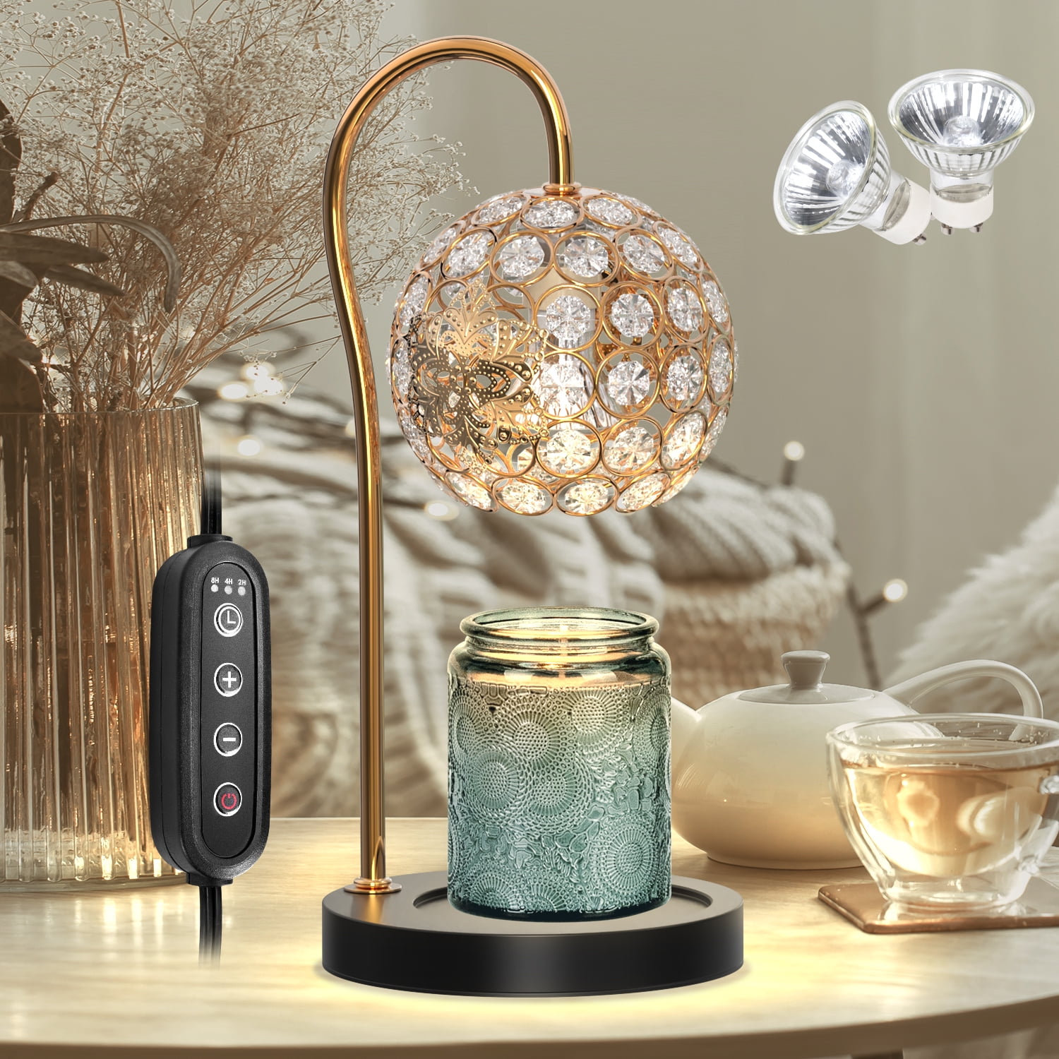MINGPINHUIUS Candle Warmer Lamp with 2 Bulbs, Dimmable Metal Table Candle  Lamp with Timer, Electric Melt Wax Crystal Lamp for Scented Jar Candles