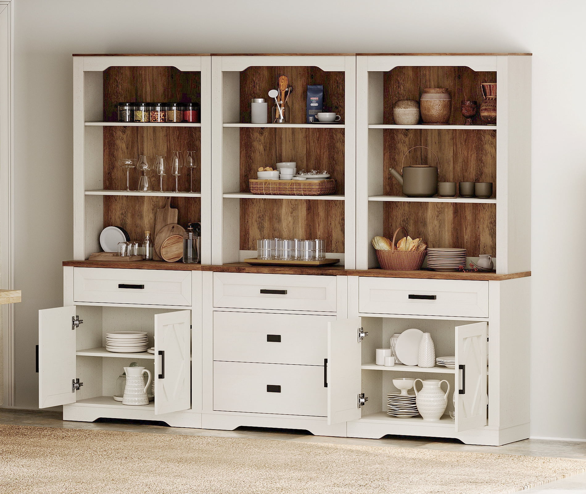 WAMPAT 3 Column Bookcase with Drawer,73.3" Tall Floor Standing Bookshelf,Modern Farmhouse Display Storage Cabinet with Adjustable Shelves,Cream White