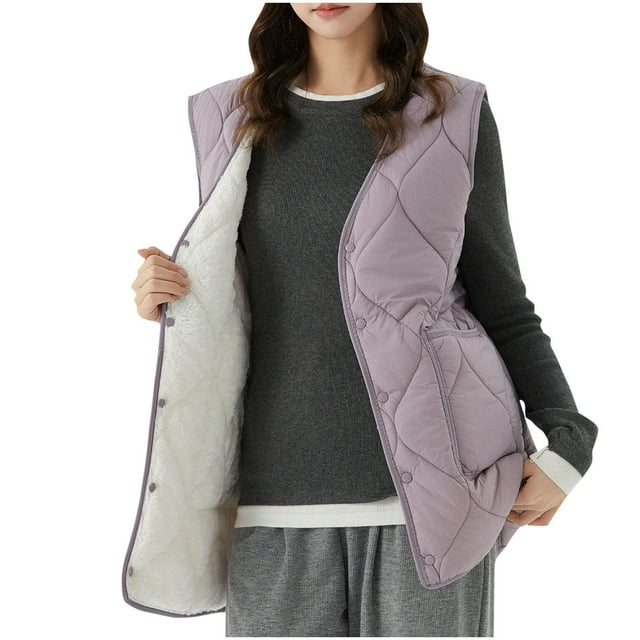 EGNMCR Women's solid color down with thick velvet insulation medium to long sleeveless jacket Womens polyester top