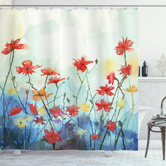 Landscape Red and Yellow Flowers Bouquet Digital Print Extra Long Shower Curtain