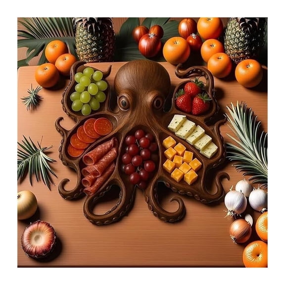 Octopus Wooden Charcuterie Platter, Creative Divided Wood Serving Board for Fruit Cheese Meat Snack, Unique Animal Shaped Tray for Home Party Table Decor