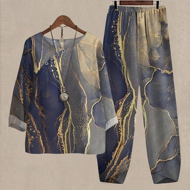 Ladies Five Sleeve Printed Blouse Pants Two Piece Suit, Blue L