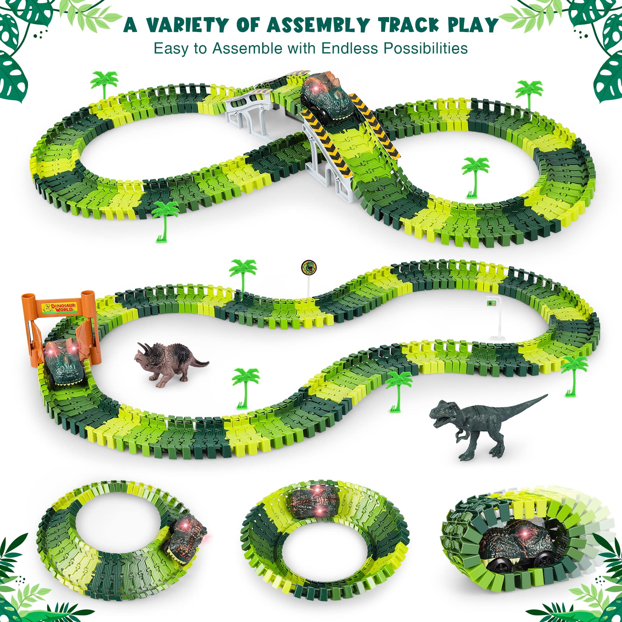  Dinosaur Toys, 201Pcs Create A Dinosaur World Road Race with  Rolling Ball 8 Dino and 2 Race Cars for Boys & Girls Ages 3 4 5 6 7,  Flexible Train Tracks