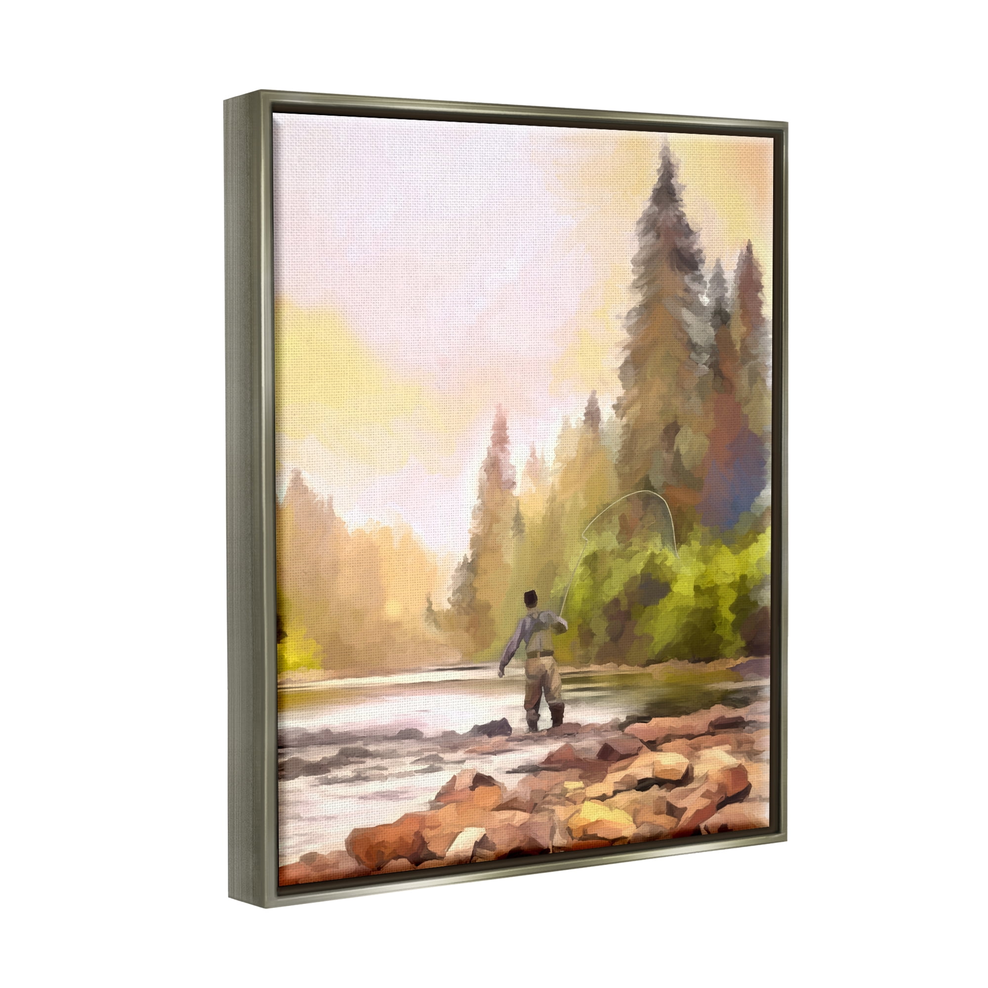 Stupell Industries Fly Fishing at Lake Nature Painting Gray Floater Framed Art Print Wall Art, 25 x 31