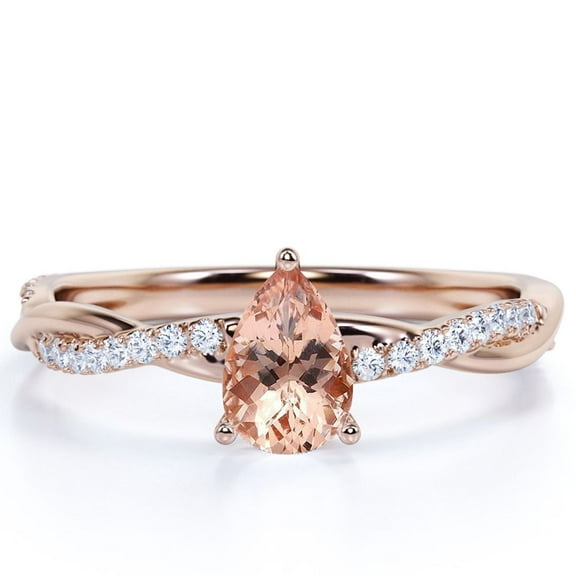 JeenMata 0.75 ct Pear Shaped created morganite and Moissanite Twist Wedding Ring in 18K Rose Gold over Silver