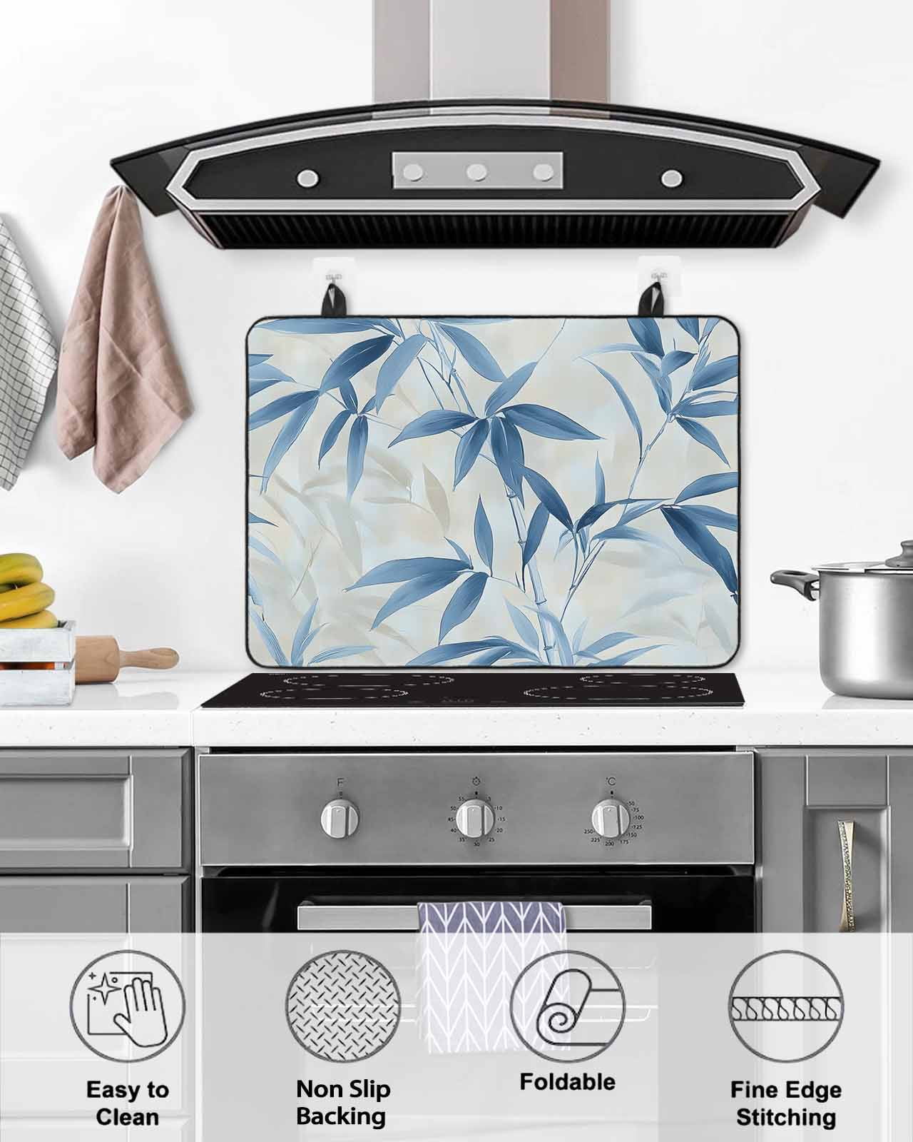 nqOlkjepod Large Induction Cooktop Protector Mat 24"x21", Blue Botanical Stove Top Covers for Electric Stove, Pastoral Summer Leaf Watercolor Stove Burner Cover Mats, Glass Top Stove Cover
