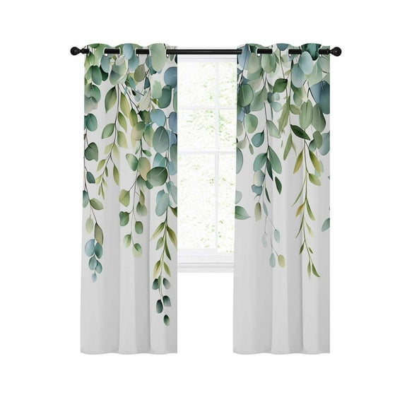 Eucalyptus Green Blackout Curtains 45 Inches Long for Bedroom, Gradient Leaves Retro Watercolor Plant Thermal Insulated Room Darkening Black Out Window Curtain Panels Grommet Drapes for Living Room