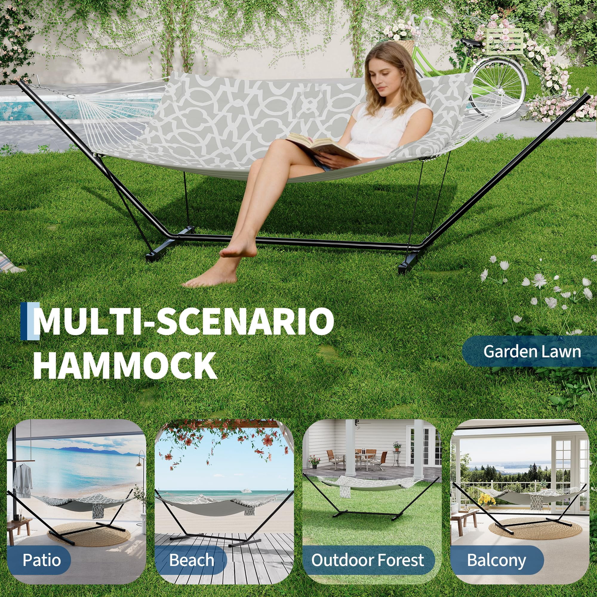Heavy Duty 450 LBS Double Hammock with Stand & Pillow - 2 Person Outdoor Hammock with Balance Rope for Patio, Backyard, Poolside