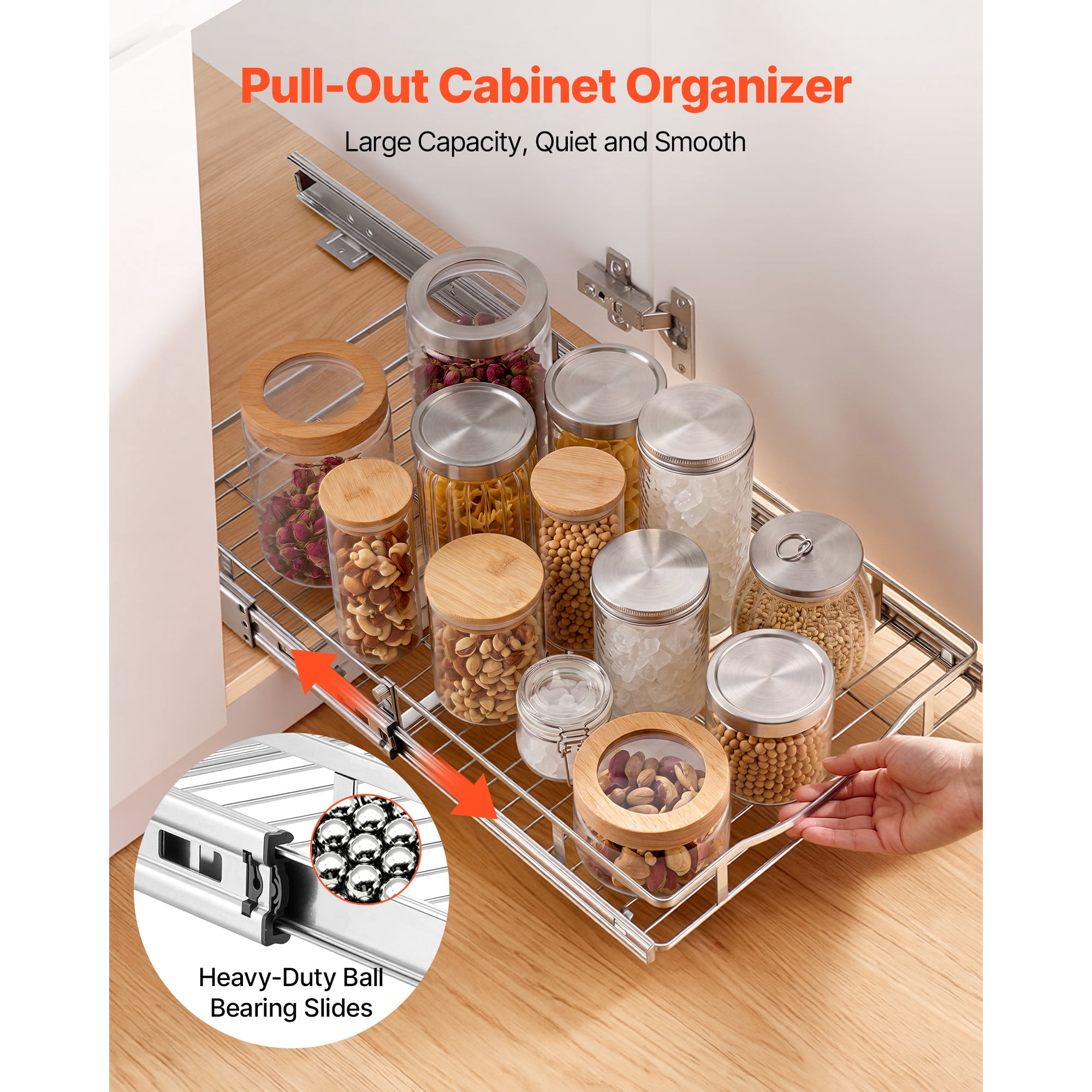 KFFKFF Steel Pull-Out Cabinet Organizer 14.06"W x 20.94"D, Slide-Out Drawers for Kitchen, Bathroom, Pantry, and Home Storage, Chrome-Plated Finish, Durable Sliding Shelves for Base Cabinets