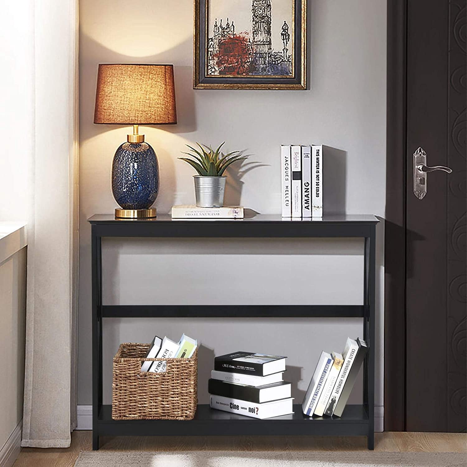 NIUMU Console Table for Entryway, 2 Tier Entryway Table Bookshelf Accent Table w/Storage Shelf Living Room Entry Hall Foyer Table Furniture, Black,X-Design