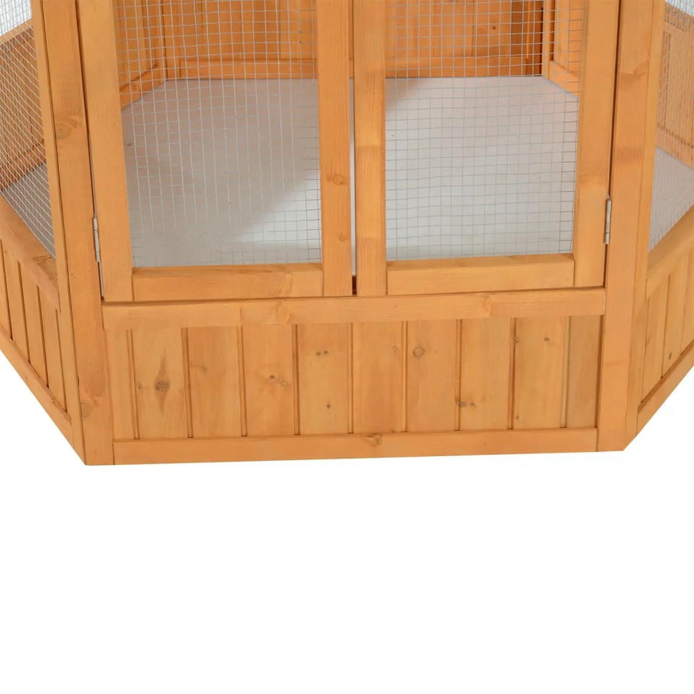 Spaco 69" Wooden Hexagonal Outdoor Aviary Flight Bird Cage With Covered Roof, Bird Cage, Brown