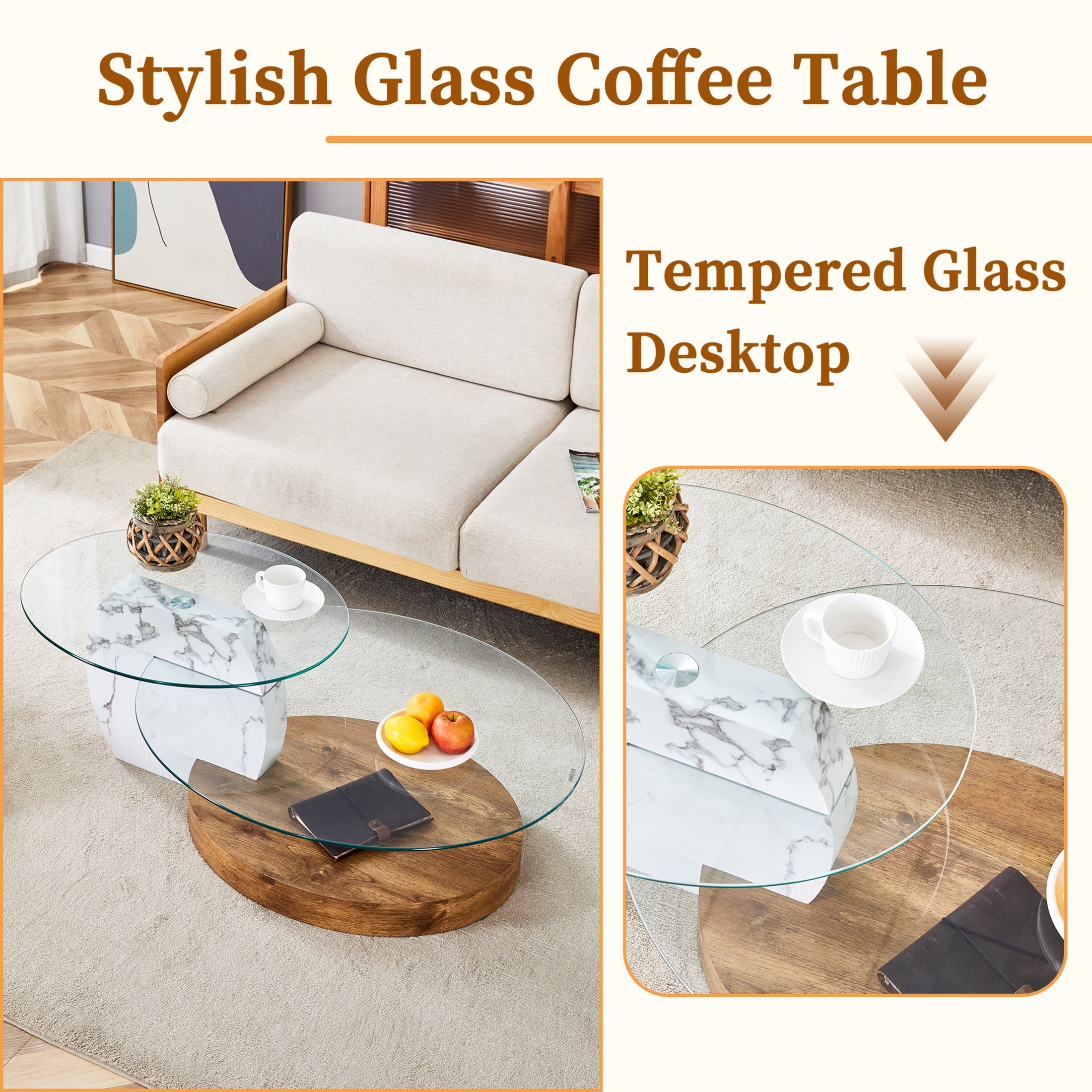 Noble House 47" Contemporary Double-Layer Coffee Table, Marble & Tempered Glass Table Top, Wood Grain Base, White